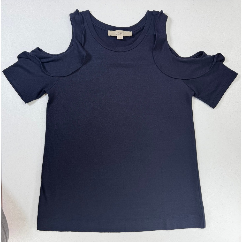 LOFT‎ Top Women XXS Navy Blue Ruffle Short Sleeve Knit Workwear Office Capsule